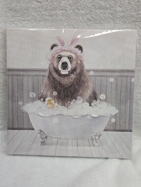 Nwt! 8x8 Bear in Bathtub Canvas Wall Art - Pink Accent
